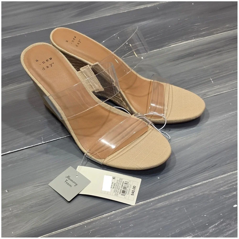 A New Day Ansel Espadrille Wedge Sandals Clear Double‎ Strap Tan
